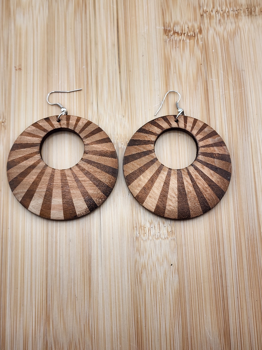 Wooden Sunburst Hoop Earrings - Brown 0640